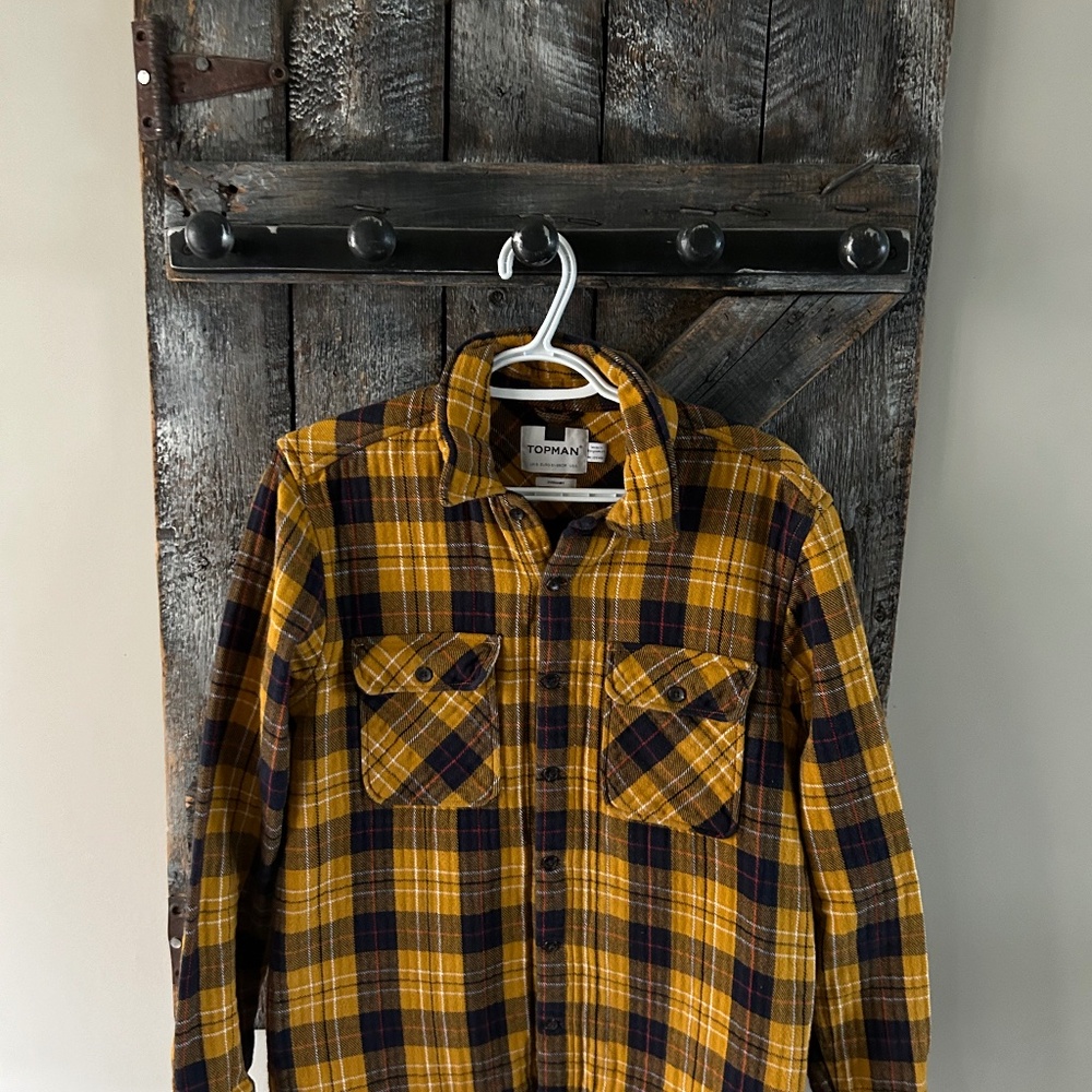 Topshop Men's Long Sleeve Button Down Shacket Mustard Yellow & Navy Plaid